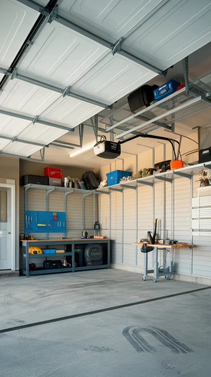 A retractable ceiling storage system transforms a cluttered garage into an efficient workspace by providing easily accessible overhead storage for numerous items.