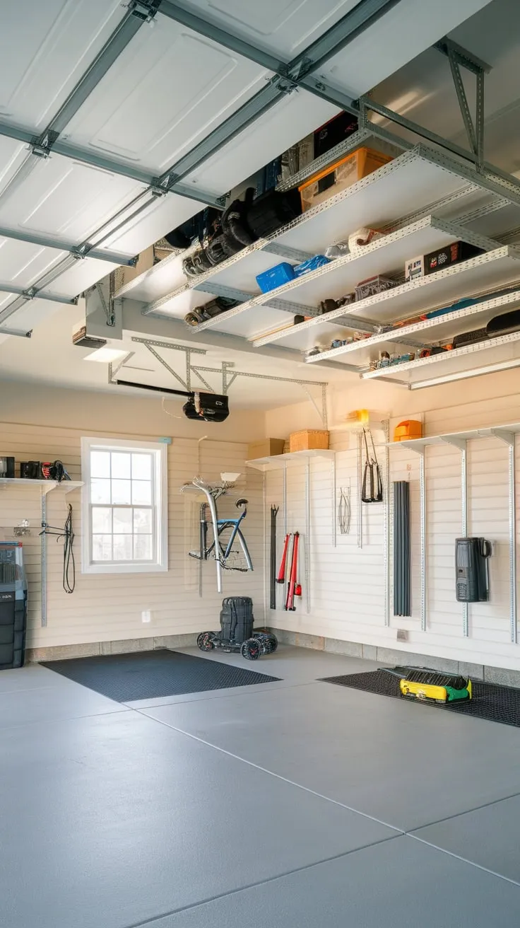 Maximize your garage's potential with a retractable ceiling storage system, freeing up floor space while neatly storing everything from bikes to seasonal items.
