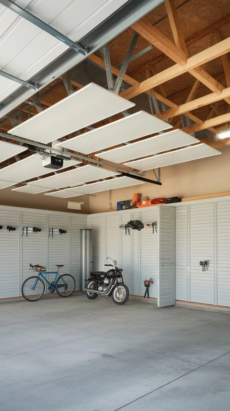 Reclaim your garage space with a retractable ceiling storage system, neatly organizing tools, bikes, and more above a concrete floor and exposed beams.