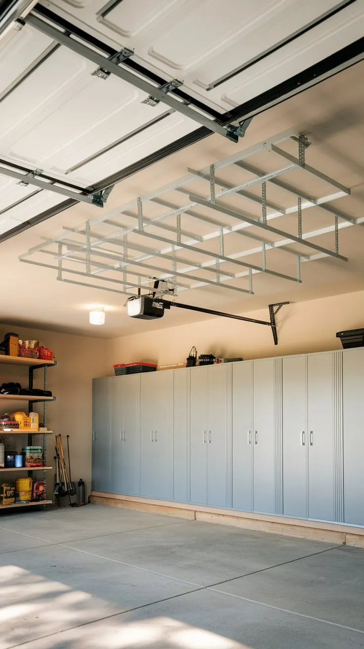 Maximize your garage's vertical space using a convenient retractable ceiling storage system, keeping items neatly stored and easily accessible.