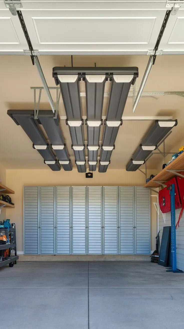 Reclaim your garage floor with a modern high-ceiling storage system featuring customizable bins for effortless organization.