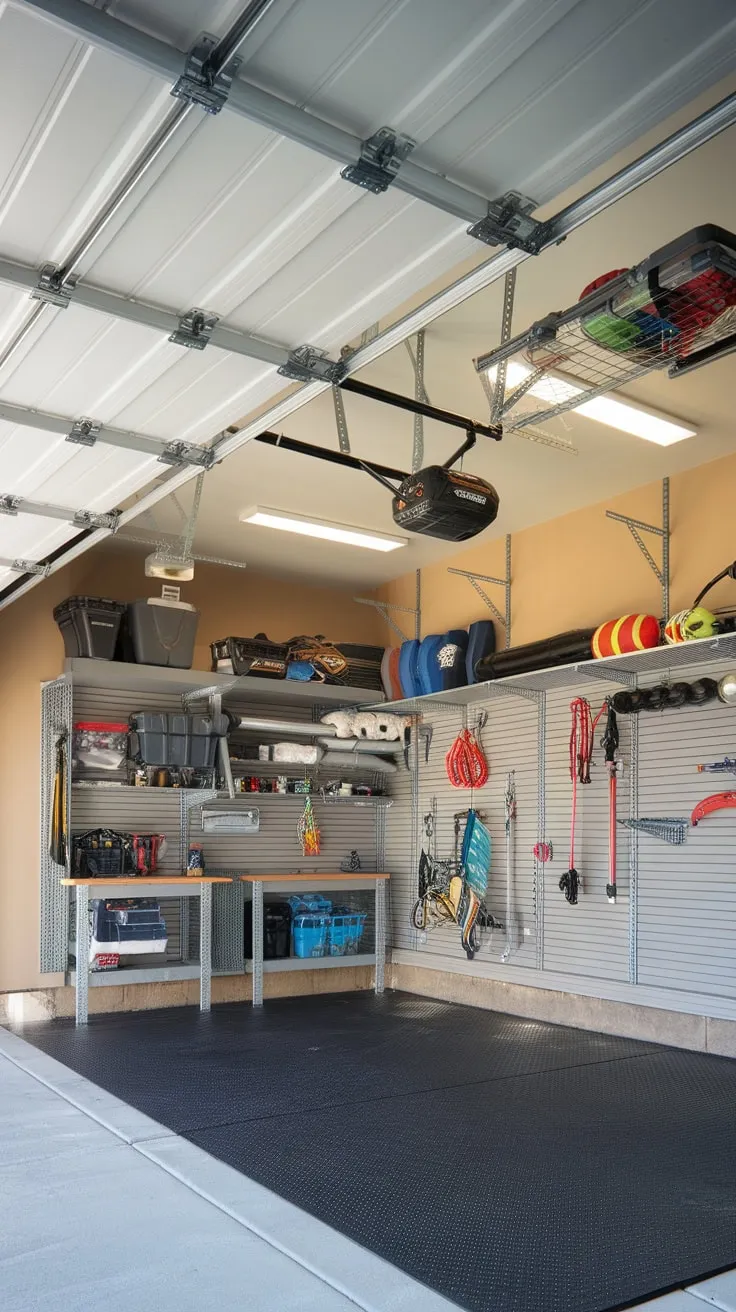 Reclaim your garage floor space with a high-ceiling retractable storage system, effortlessly storing tools, sports equipment, and other items overhead.