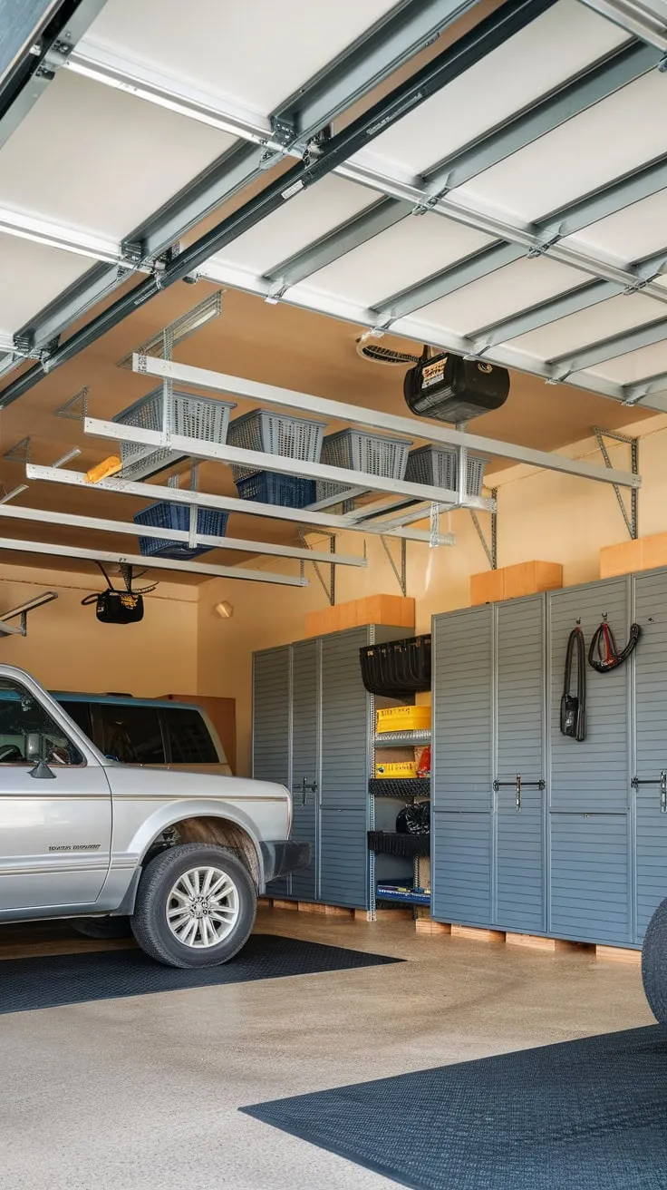 Reclaim your garage space with a retractable ceiling storage system maximizing vertical storage and keeping your vehicles accessible