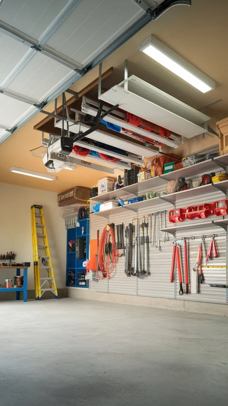 Maximize your garage's potential with a hidden ceiling storage system, effortlessly accessing tools and supplies.