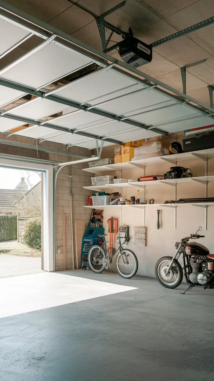 Reclaim your garage space with a retractable ceiling storage system, neatly organizing tools, bikes, and more above a concrete floor and exposed brick walls.