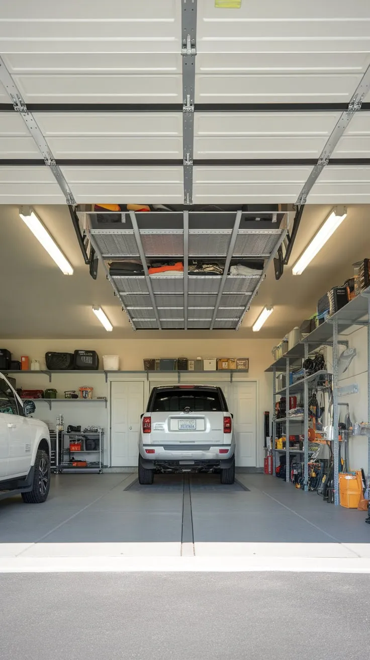 A bright, organized garage utilizes a retractable ceiling storage system for efficient use of vertical space, accommodating vehicles and numerous stored items.