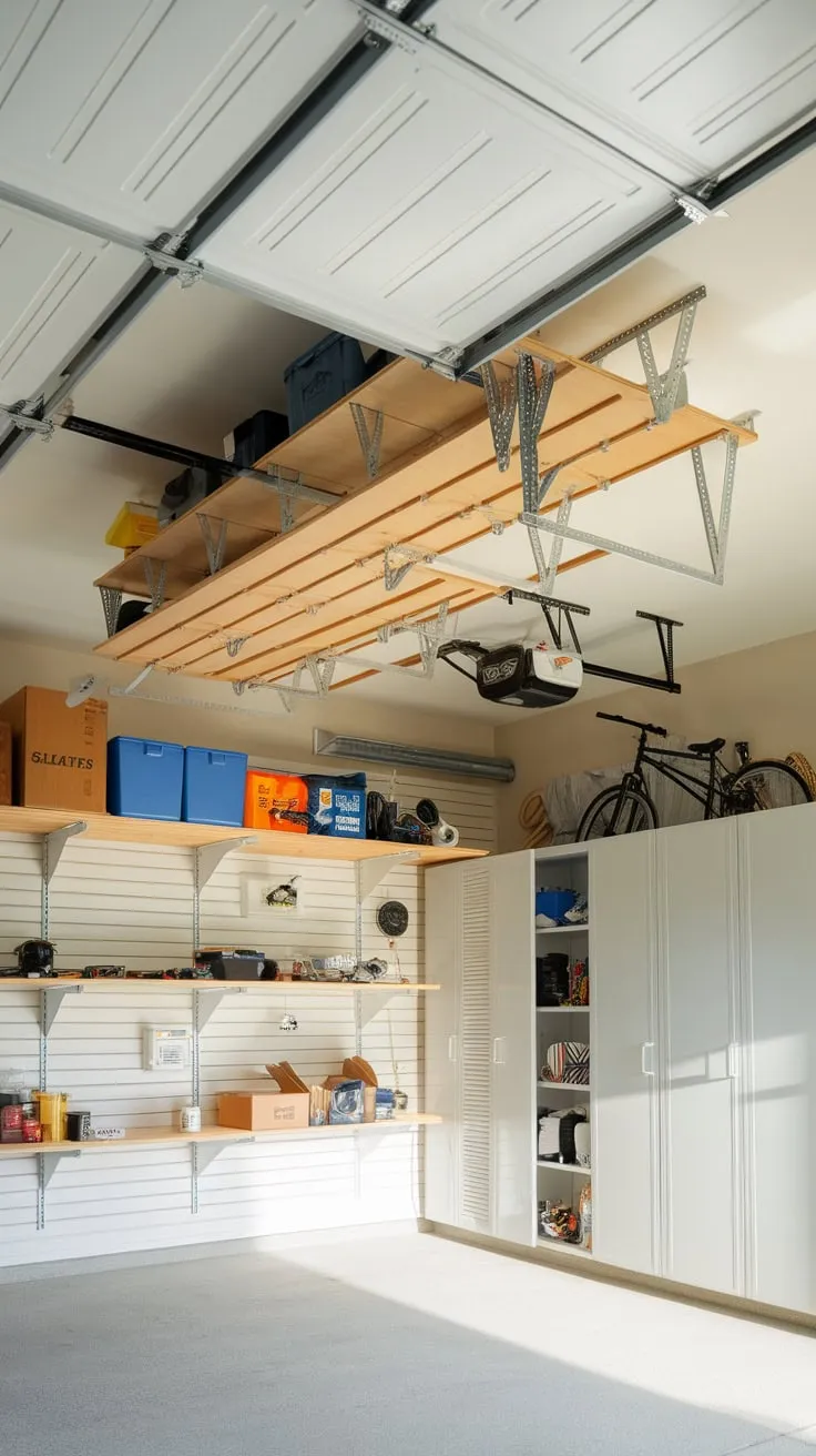 A bright garage boasts a space-saving retractable ceiling storage system, neatly organizing tools, bikes, and other items.