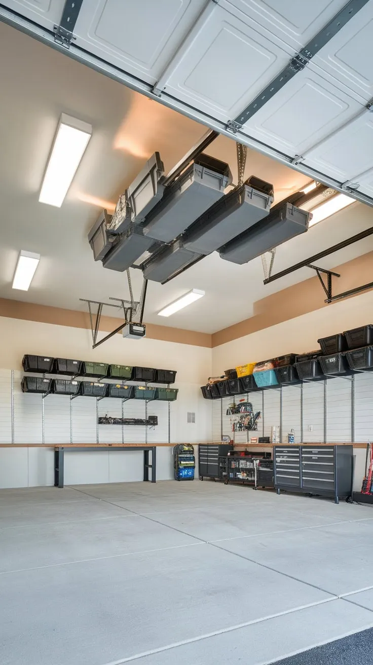Reclaim your garage space with a retractable steel ceiling storage system maximizing vertical storage and keeping your workspace organized