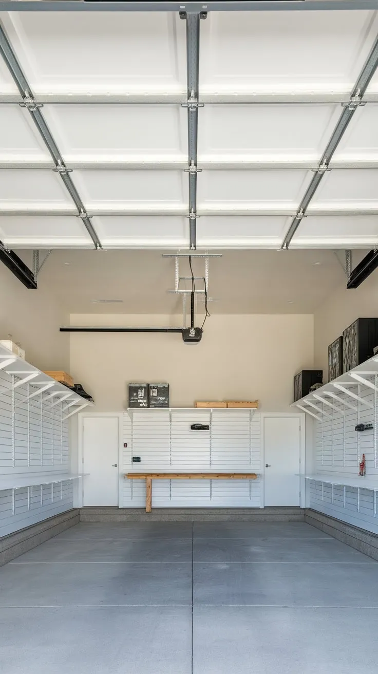 Reclaim your garage floor and conquer clutter using a high-ceiling retractable storage system complemented by wall shelving and a workbench.