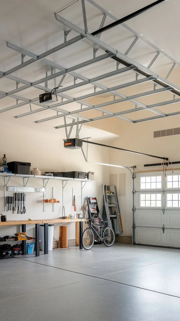 Retractable ceiling storage transforms cluttered garages into organized workspaces.