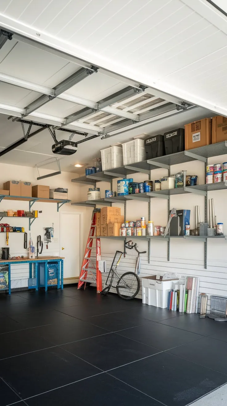 A retractable ceiling storage system transforms a cluttered garage into a well-organized space, effortlessly storing tools, supplies, and more.