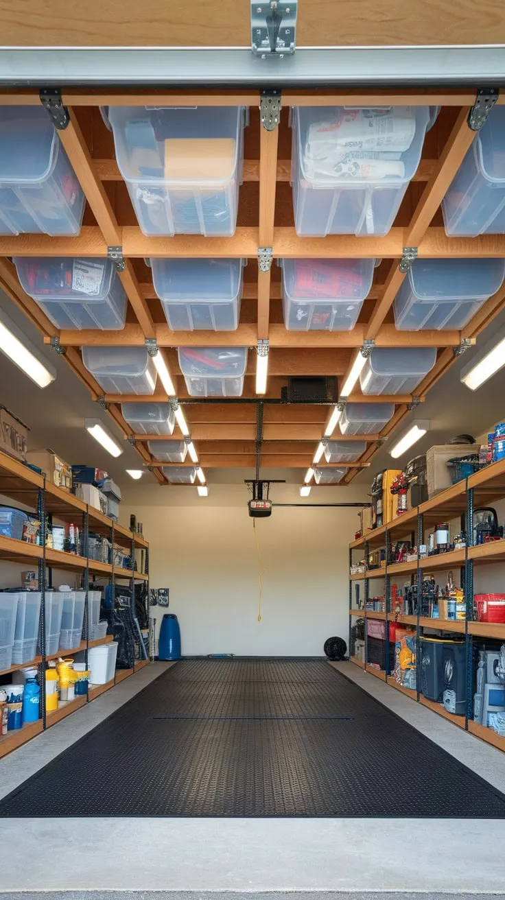Maximize your garage's potential using a retractable ceiling storage system for easy access to a variety of items.