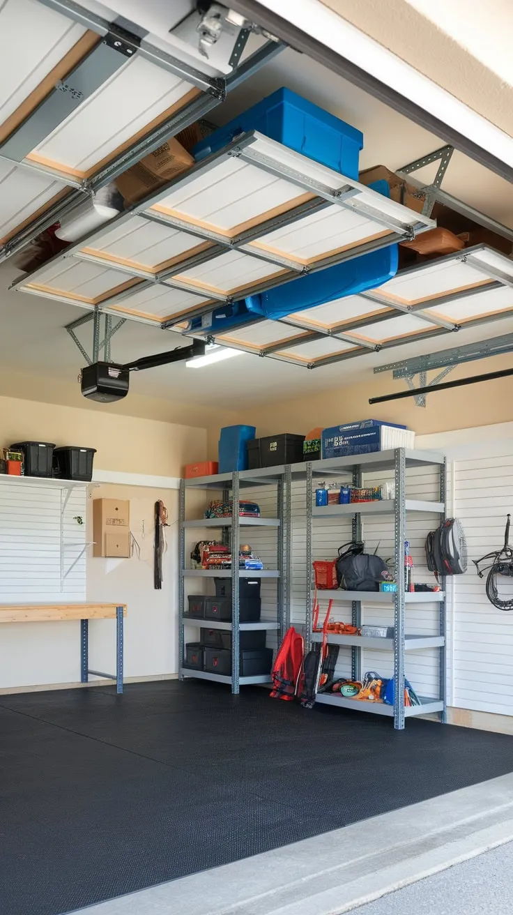 Maximize your garage space with a multi-level retractable ceiling system storing boxes, tools, and sports equipment above a well-organized workbench and floor.