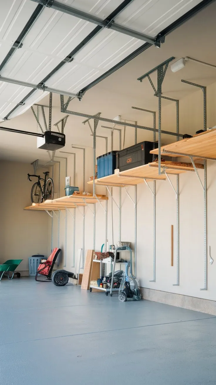 Retractable metal rods and wooden planks create customizable high-ceiling storage in a garage, neatly organizing items like bikes and tools.
