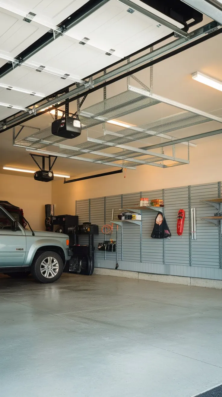 Maximize your garage space with a retractable ceiling storage system freeing up floor space for vehicles and leaving wall space for tools.