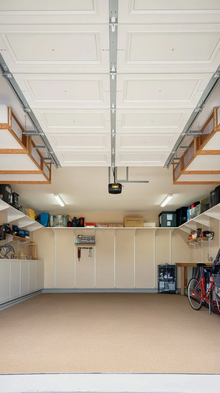 Maximize your garage's vertical space using a clever retractable ceiling storage system, neatly organizing your belongings.
