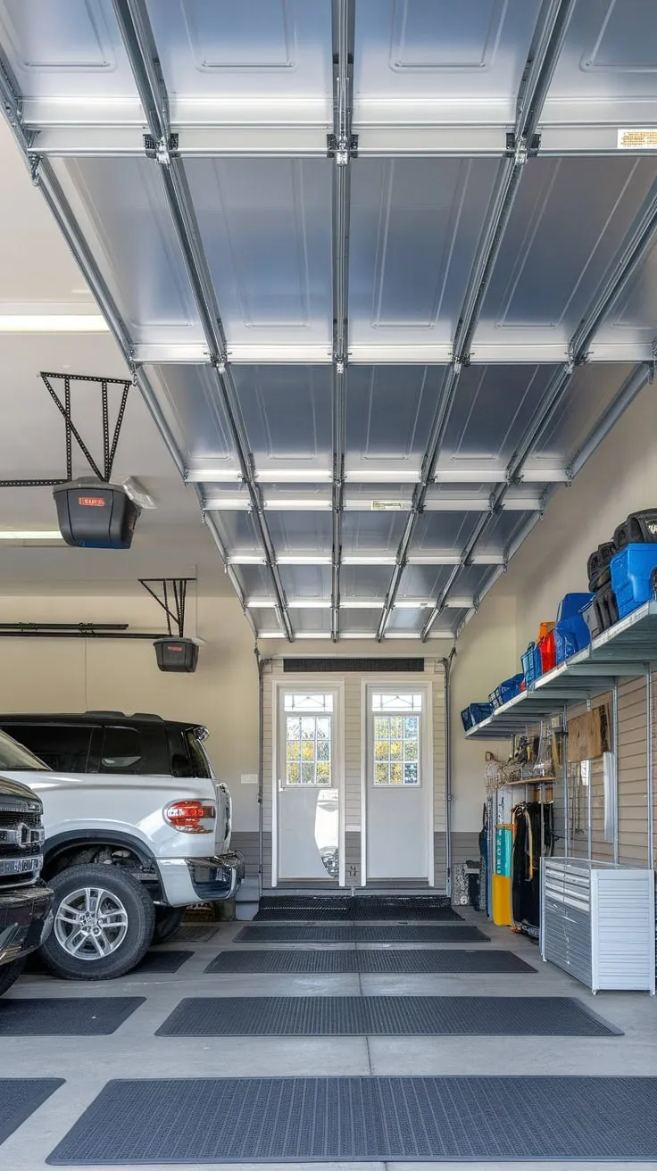 Maximize your garage's space with a retractable ceiling storage system providing ample overhead storage alongside wall shelves and floor mats for a clutter-free environment