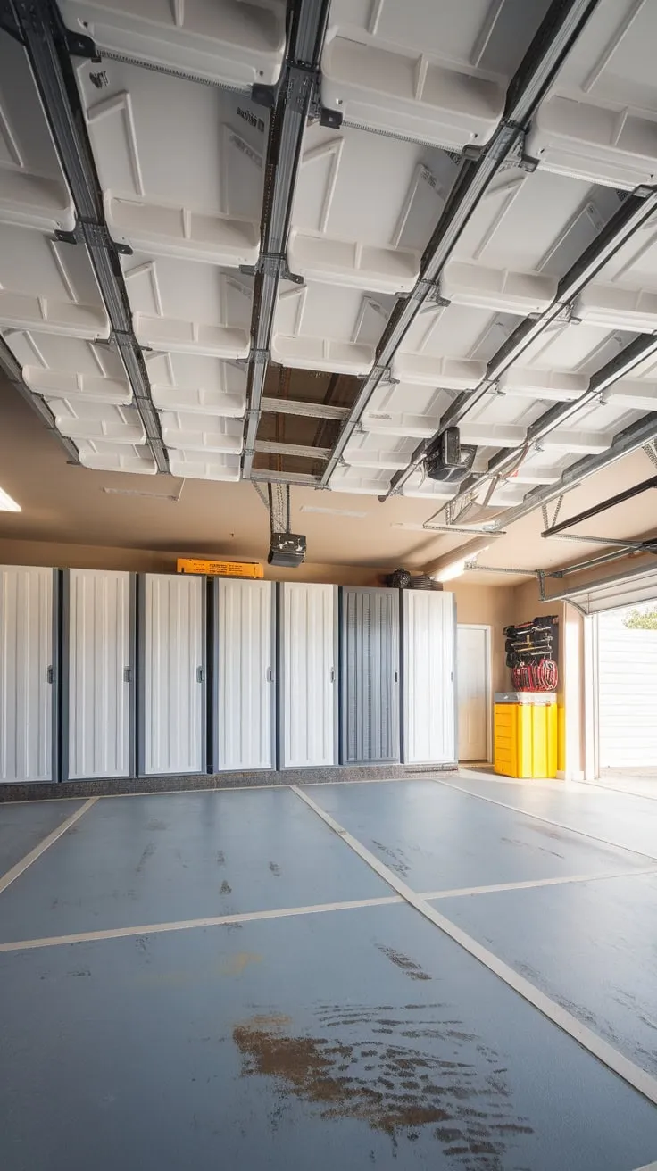 Maximize your garage space with a retractable ceiling storage system offering easy access to numerous small and large units.