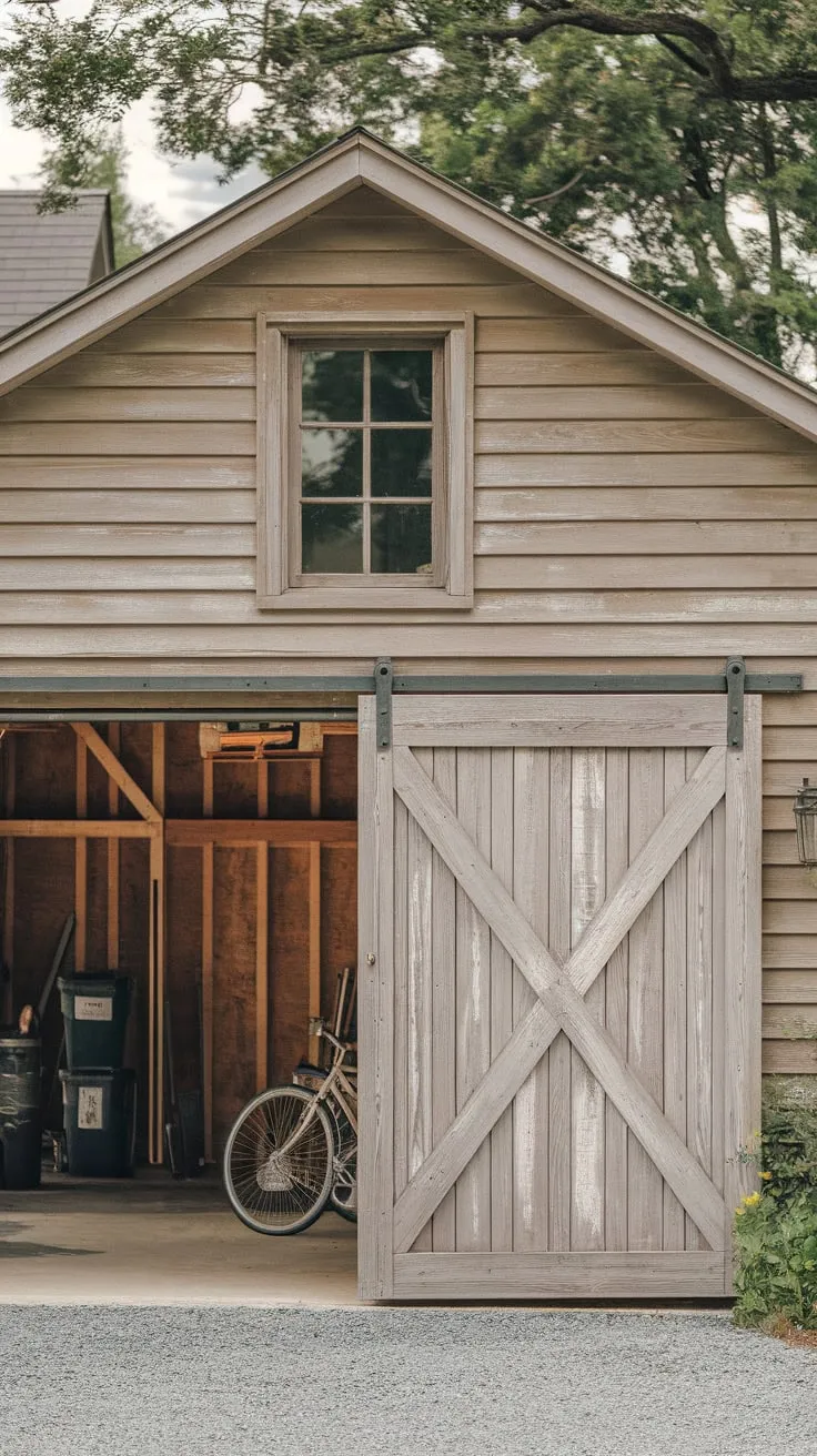 A rustic timber garage features a distressed gray wood sliding barn door, showcasing a blend of functionality and aesthetic appeal.