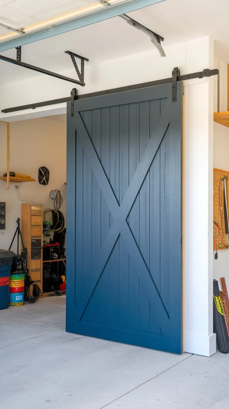 A dark blue sliding barn door replaced the old garage door, creating a stylish and organized space.