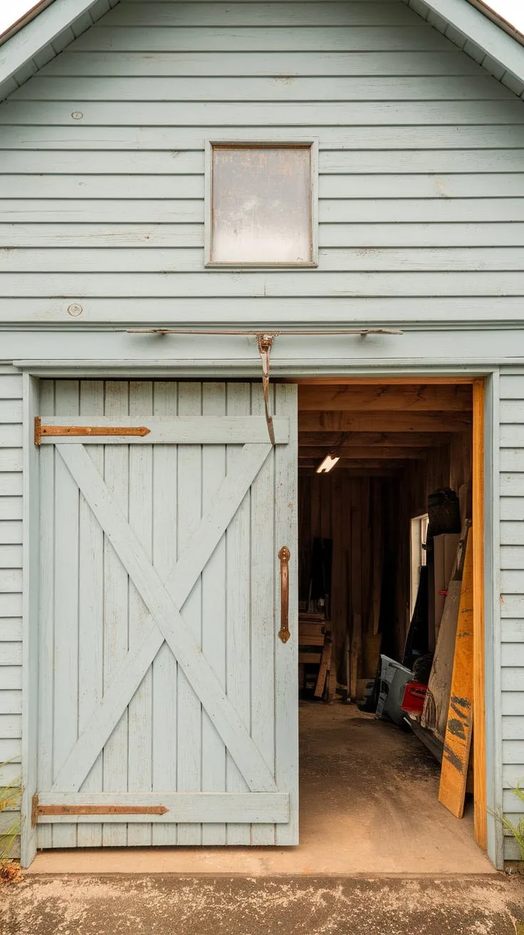 A charming light blue timber barn door, showing its age and rustic character, stands open revealing a cluttered workshop.