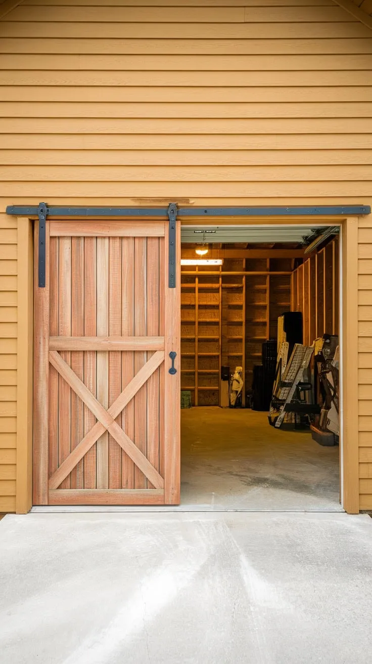 Rustic charm meets modern functionality in a wide-open timber garage featuring a weathered barn-style door.