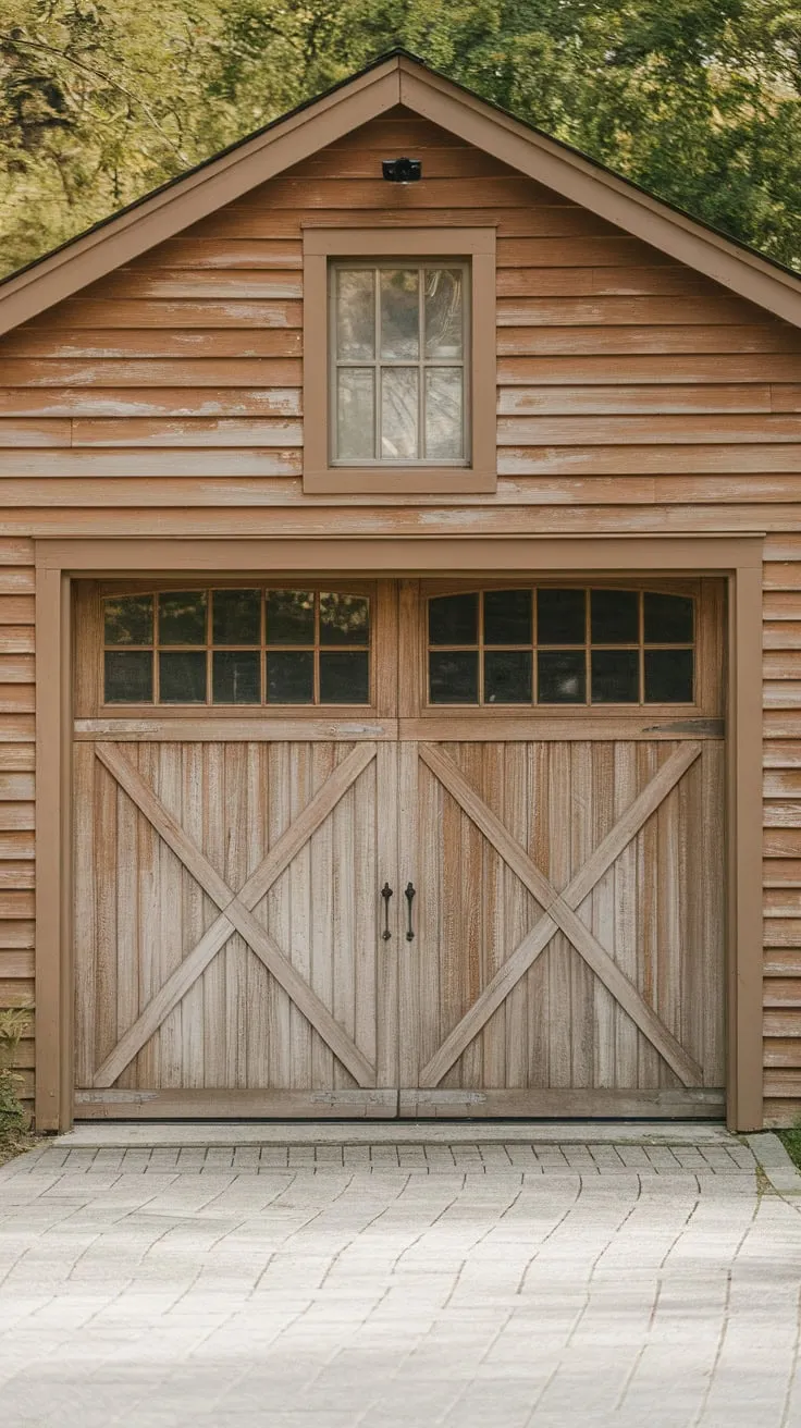 A medium-brown distressed wooden garage door, showcasing rich wood grain and knots, enhances the barn-style aesthetic of a suburban timber garage.