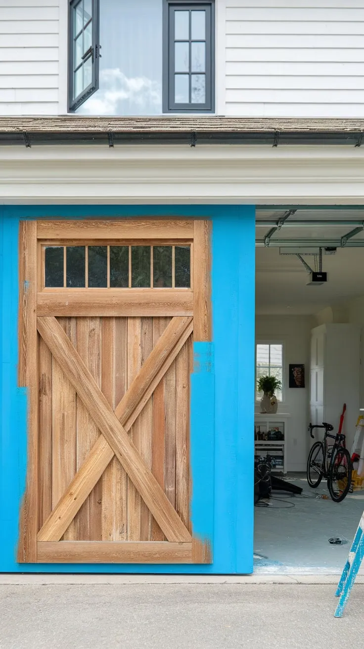 A weathered timber garage door is transformed with a fresh coat of bright blue paint, showcasing a renovated garage and its inviting interior.