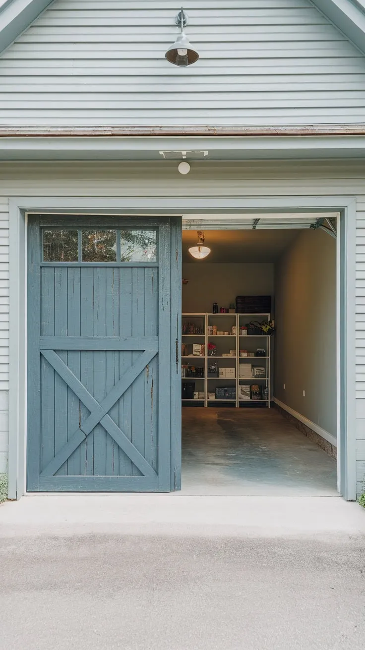 A weathered dark blue barn-style wood garage door reveals a neatly organized interior.