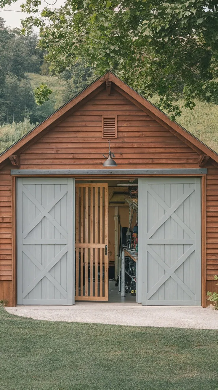 A charming timber garage boasts a large, light gray vertical-slatted barn door, showcasing an organized interior against a backdrop of lush greenery.