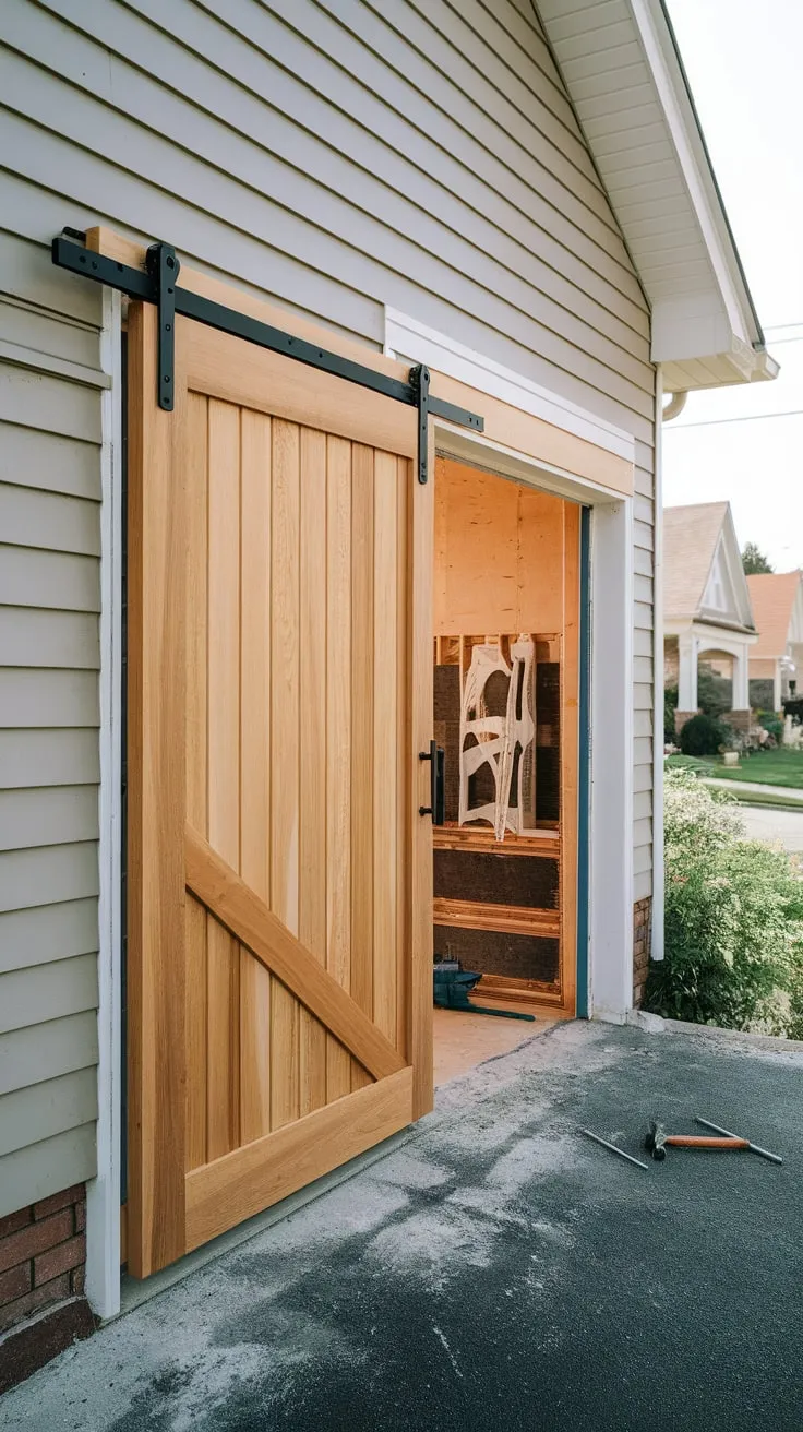 A rustic barn-style garage door with a natural wood finish is being expertly installed in a charming suburban setting.