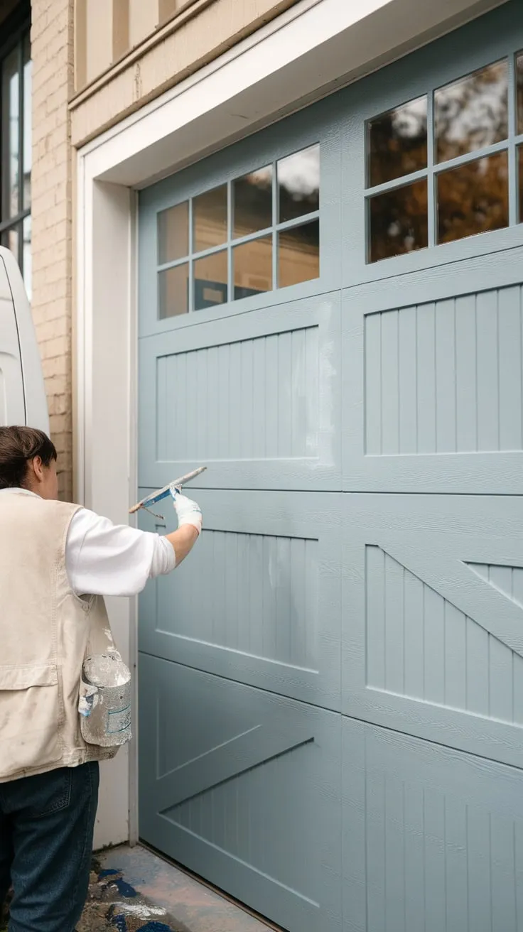 A fresh coat of light blue transforms a barn-style garage door, revitalizing its horizontal panels in a picturesque setting.