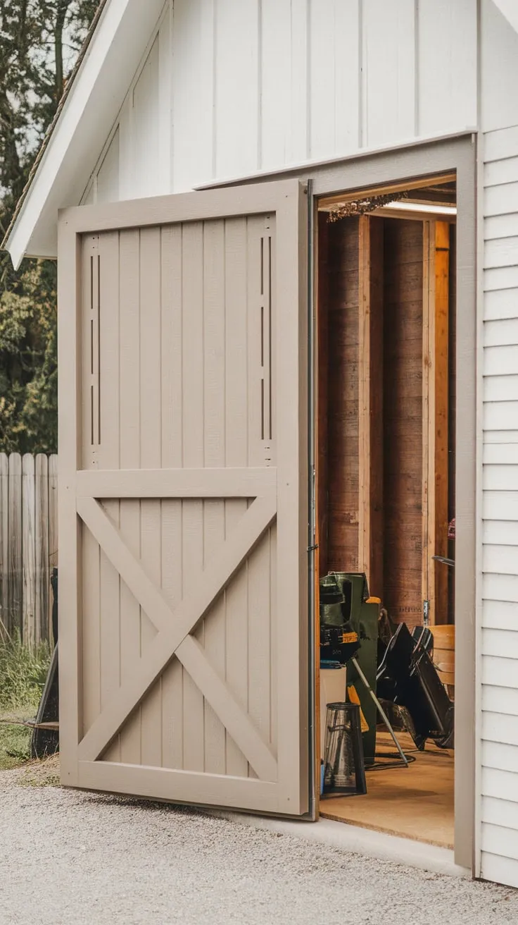 A spacious timber garage is showcased by an open light brown barn-style wood door with a slatted design against a white wall.
