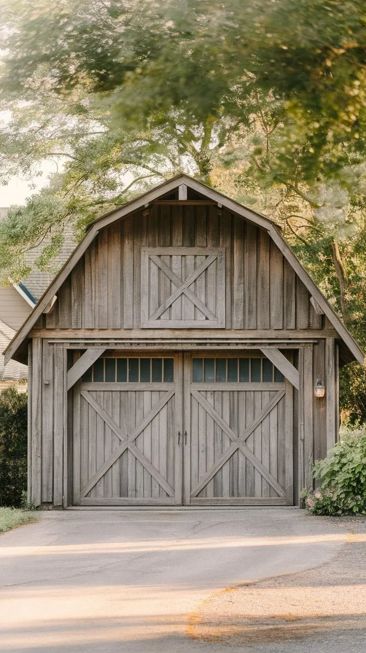 A rustic barn-style garage door, framed in timber, adds weathered charm to a picturesque home setting