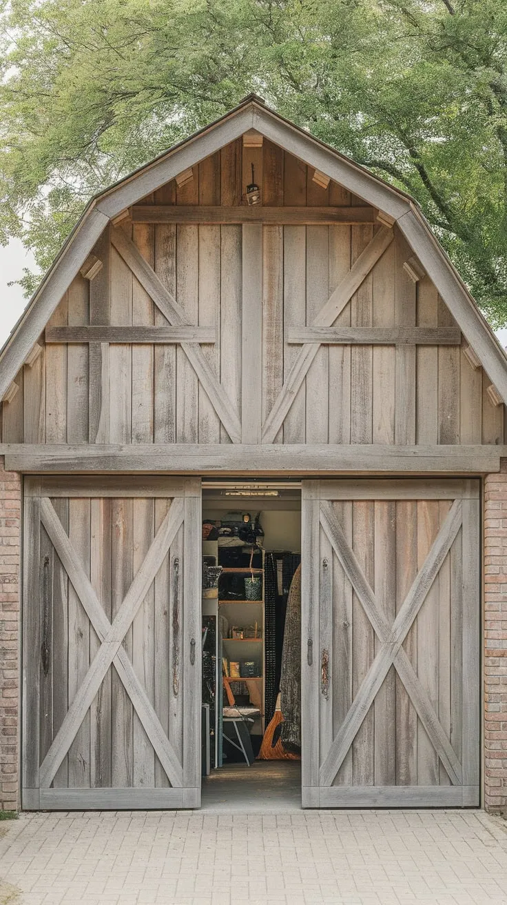 A spacious garage, glimpsed through a weathered grey-brown barn-style timber door with visible beams, showcases its contents against a backdrop of brick and trees.