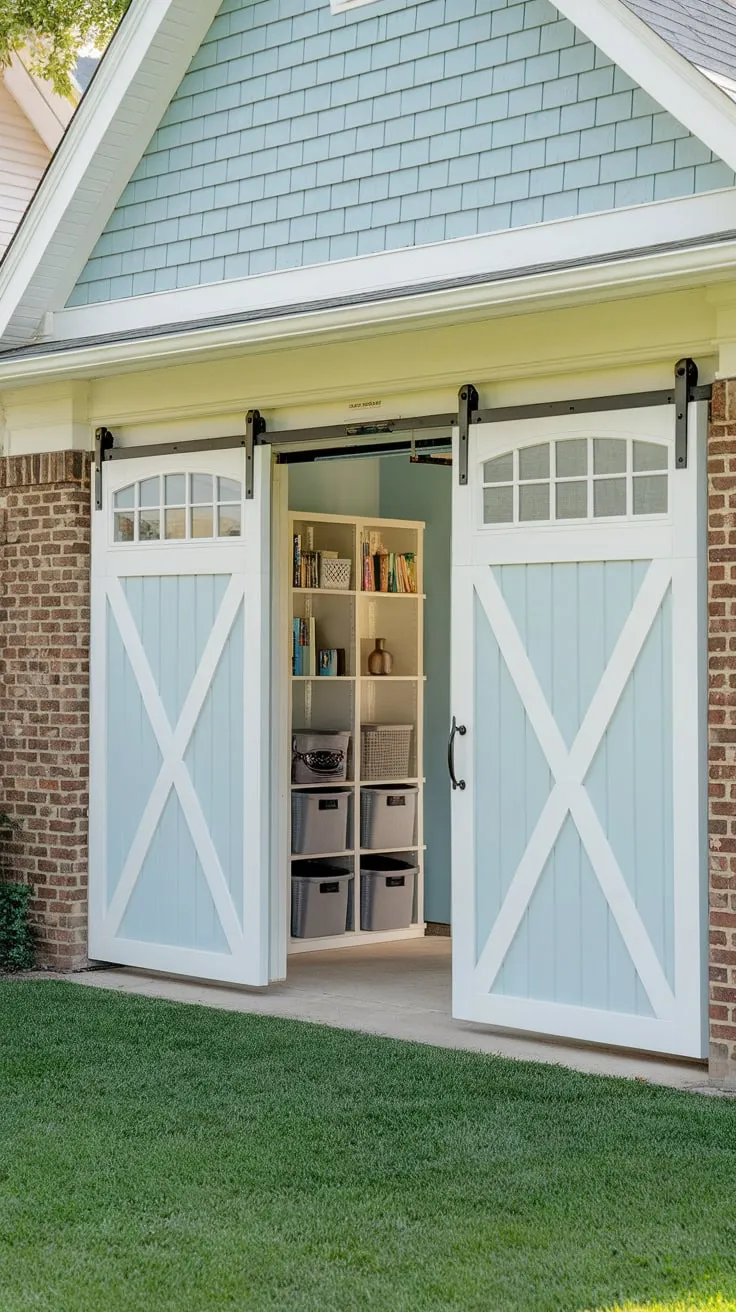 A beautifully organized garage is showcased by a light blue barn-style timber door with crisp white trim, set against a backdrop of a brick house and lush lawn.