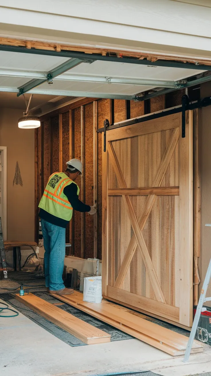 A new sliding barn door made of timber is transforming a garage with a rustic renovation underway
