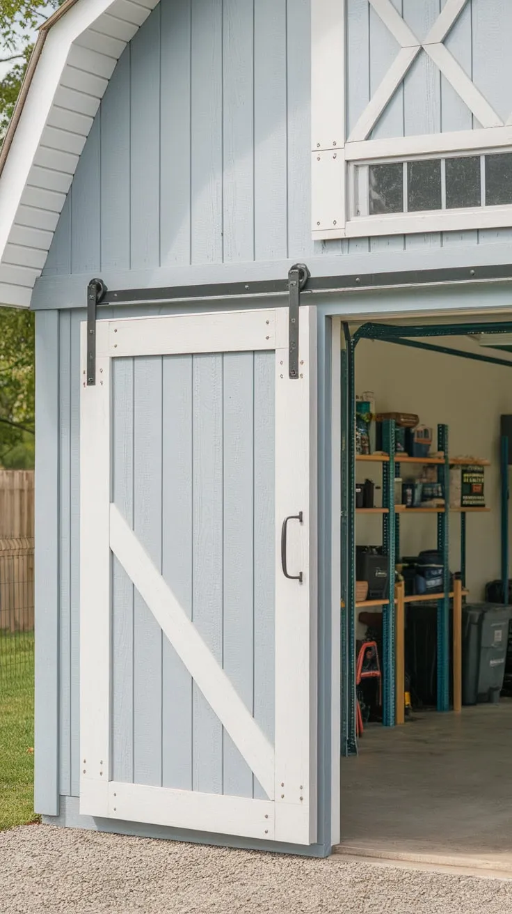 A charming light blue barn-style timber garage door, accented with white panels, opens to reveal a neatly organized workspace.