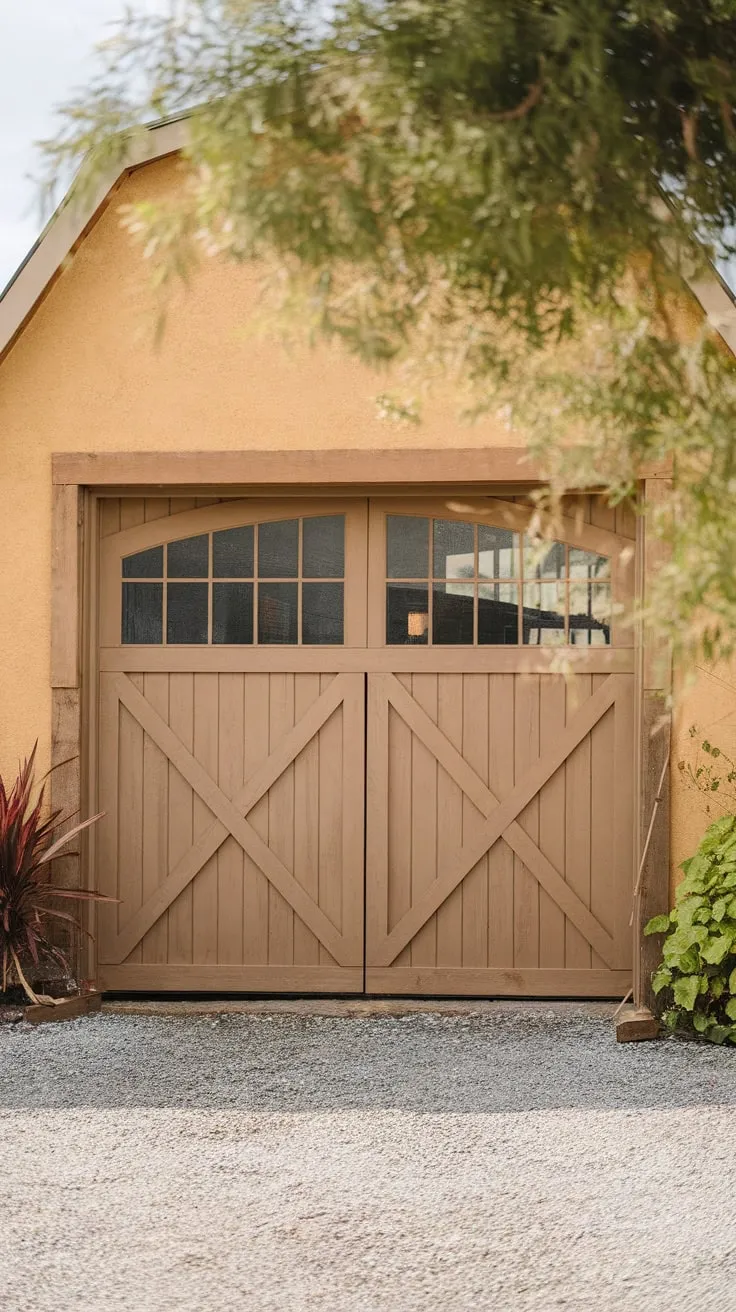 A weathered barn-style garage door, painted in earthy tones, undergoes a charming renovation amidst a rustic outdoor setting.