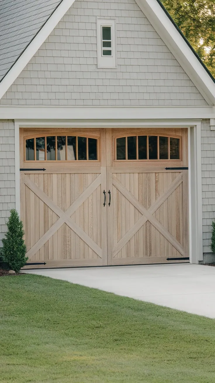 A sleek modern garage is enhanced by a rustic light grey timber barn door adding curb appeal to a well-landscaped home