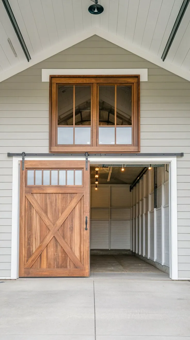 A timber barn door, complete with window and rustic wood finish, showcases a well-lit and generously sized garage.