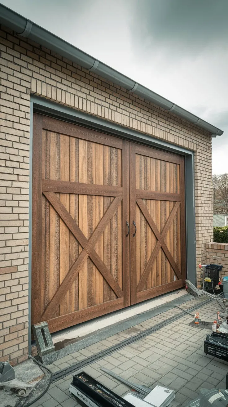 A new, large timber garage door brings rustic charm to a brick home amidst a flurry of renovation activity.