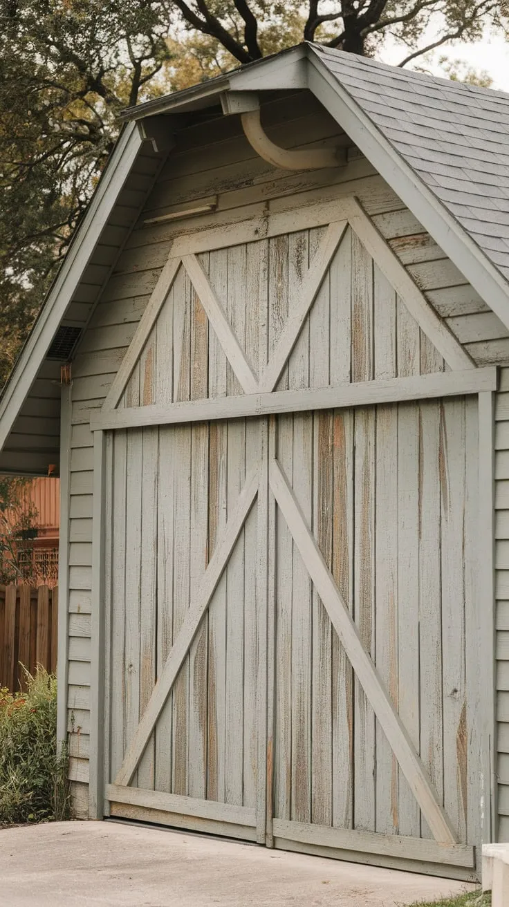 A light gray barn door, showing its age with wood grain and scratches, stands proudly on a charming timber garage nestled amongst trees.