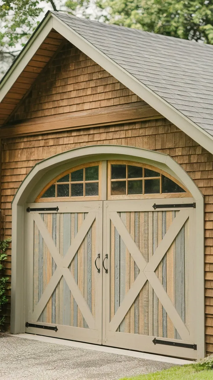 A charming wood-grained barn door, painted beige and subtly showcasing its construction, adorns a picturesque timber garage.