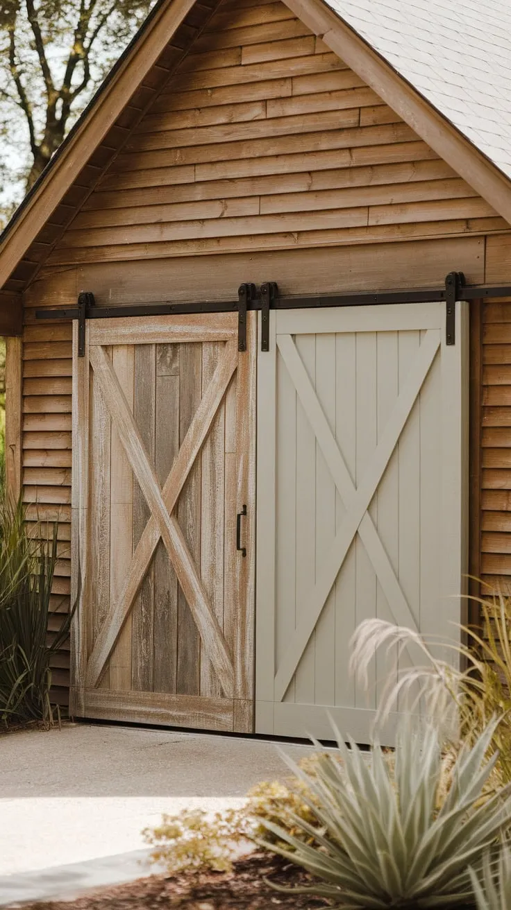 A light gray weathered wood barn door slides gracefully across the front of a rustic timber garage, nestled amidst soft light and lush greenery