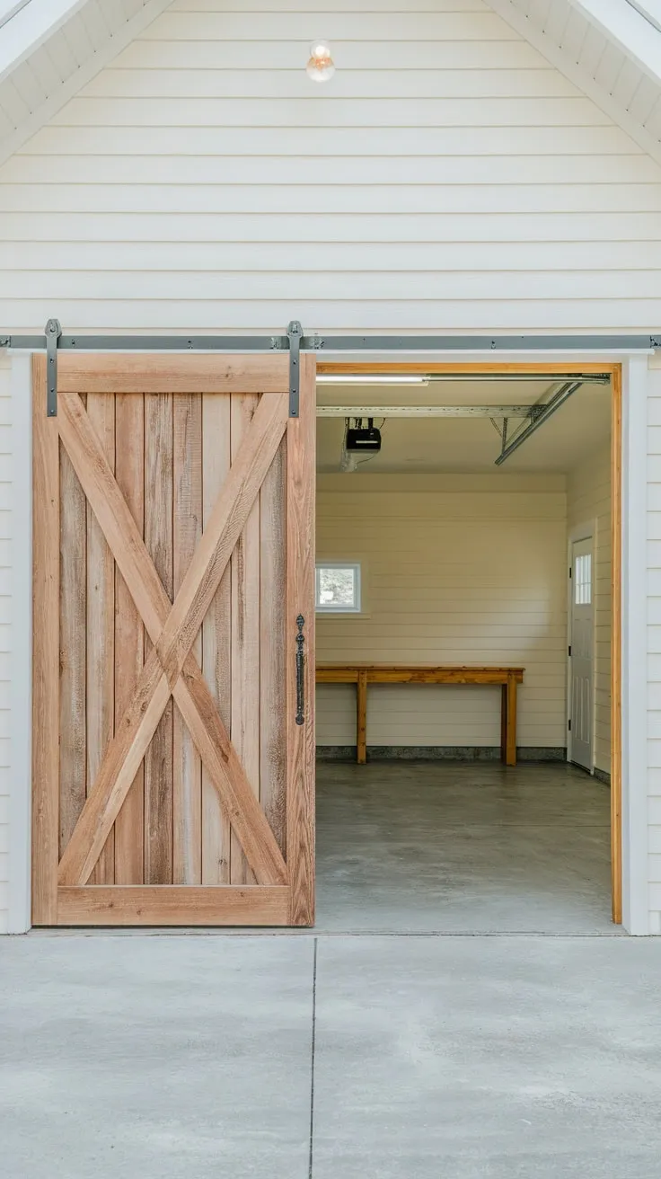 A large, open timber barn door highlights a bright, clean garage interior with a functional workbench.