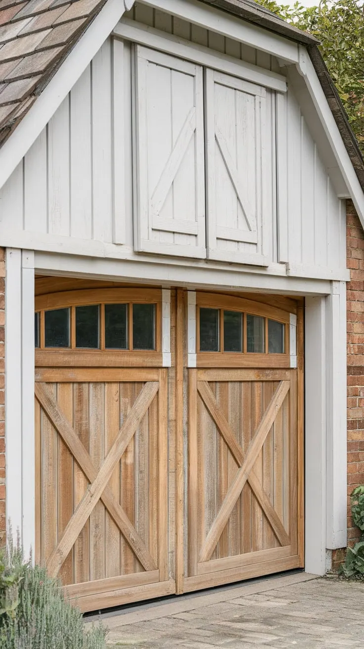 Rustic timber upgrades a classic white-painted barn-style garage door, enhancing curb appeal.