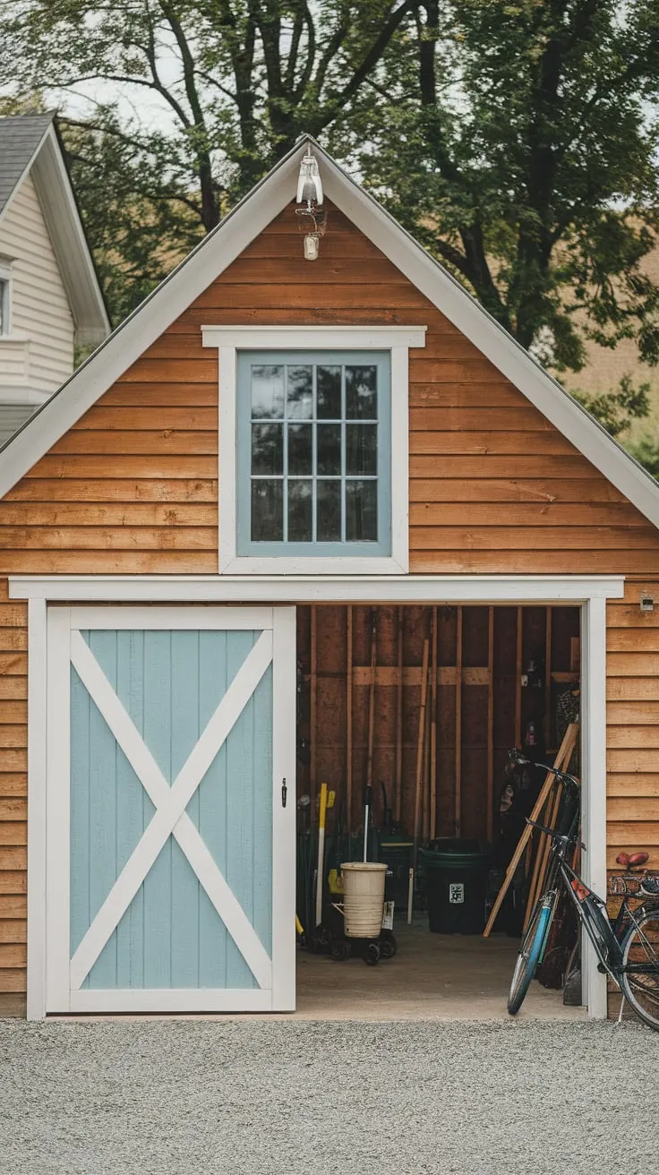 A light blue barn-style garage door, framed in white, adds rustic charm to a timber garage filled with tools and a bicycle, set against a backdrop of house and trees.