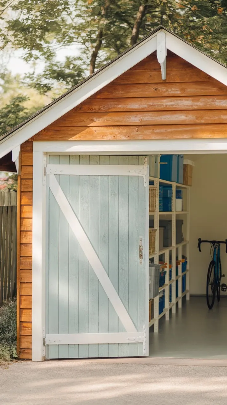 A light blue, wood-textured garage door opens to reveal a tidy rustic interior nestled amongst trees
