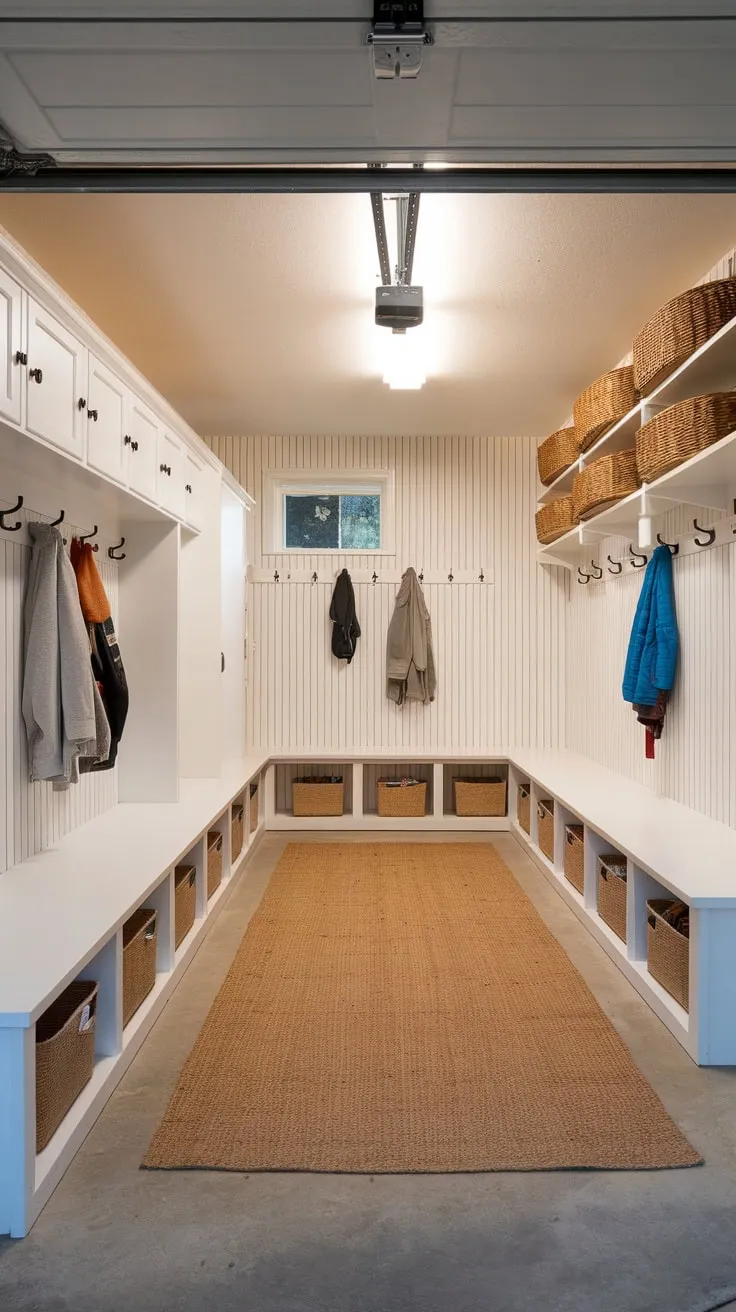 A bright, renovated garage mudroom boasts lockers, a bench with storage, shelving, and a rug, creating the ultimate drop zone.
